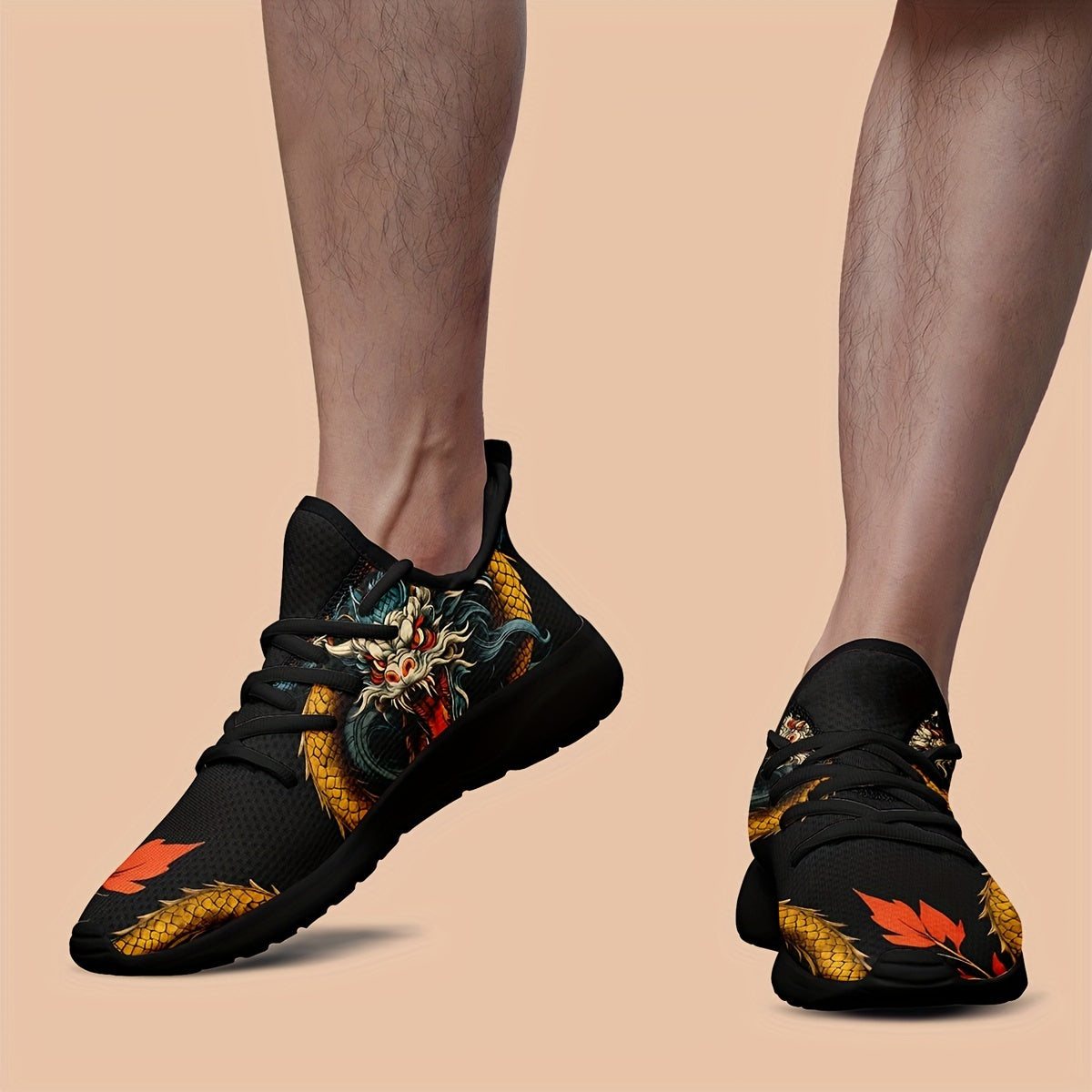 Chinese Dragon Graphic Knit Running Shoes, Shock Absorption