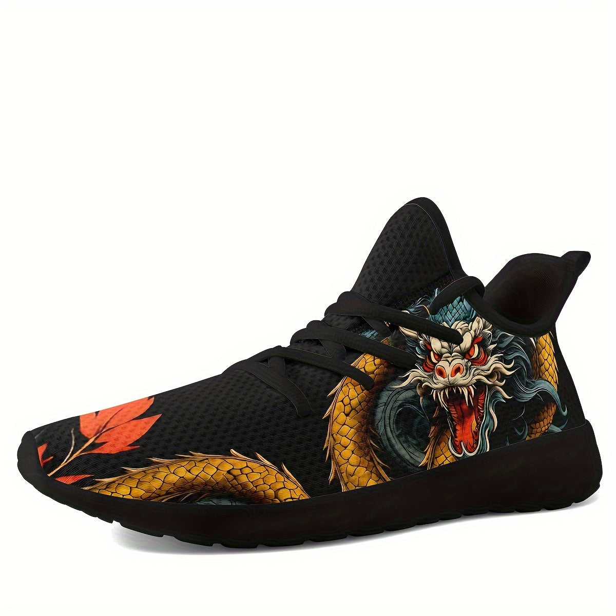 Chinese Dragon Graphic Knit Running Shoes, Shock Absorption